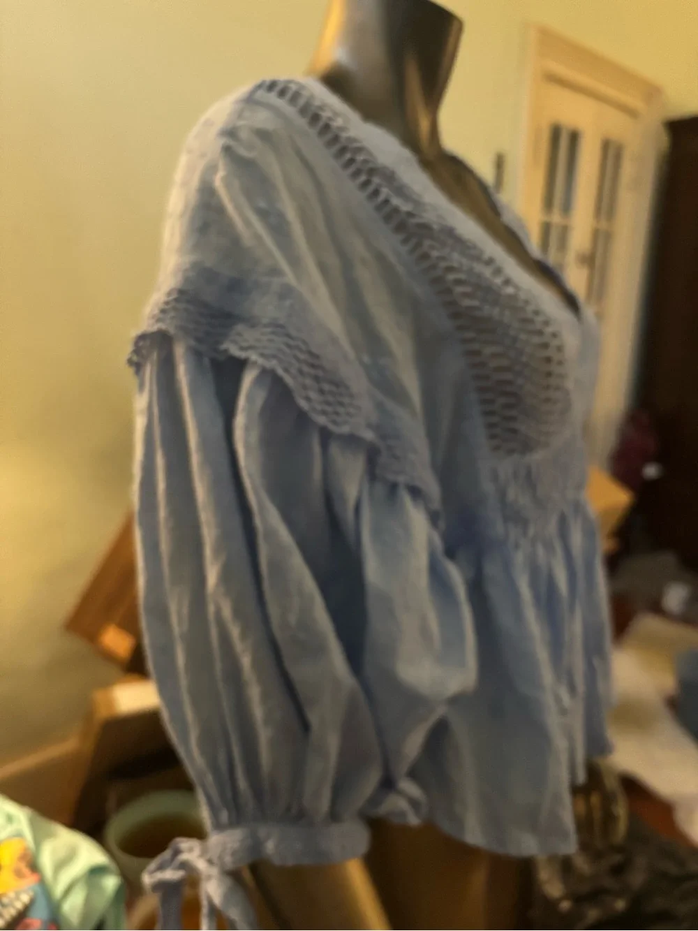Free People Sky Blue Crochet-Trim Peasant Blouse